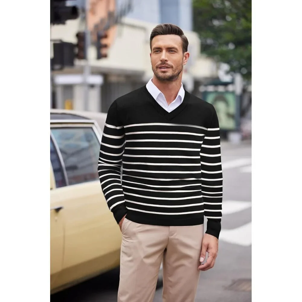 Mens V Neck Dress Sweater Knit Long Sleeve Slim Fit Sweaters Fashion Pullover Sw